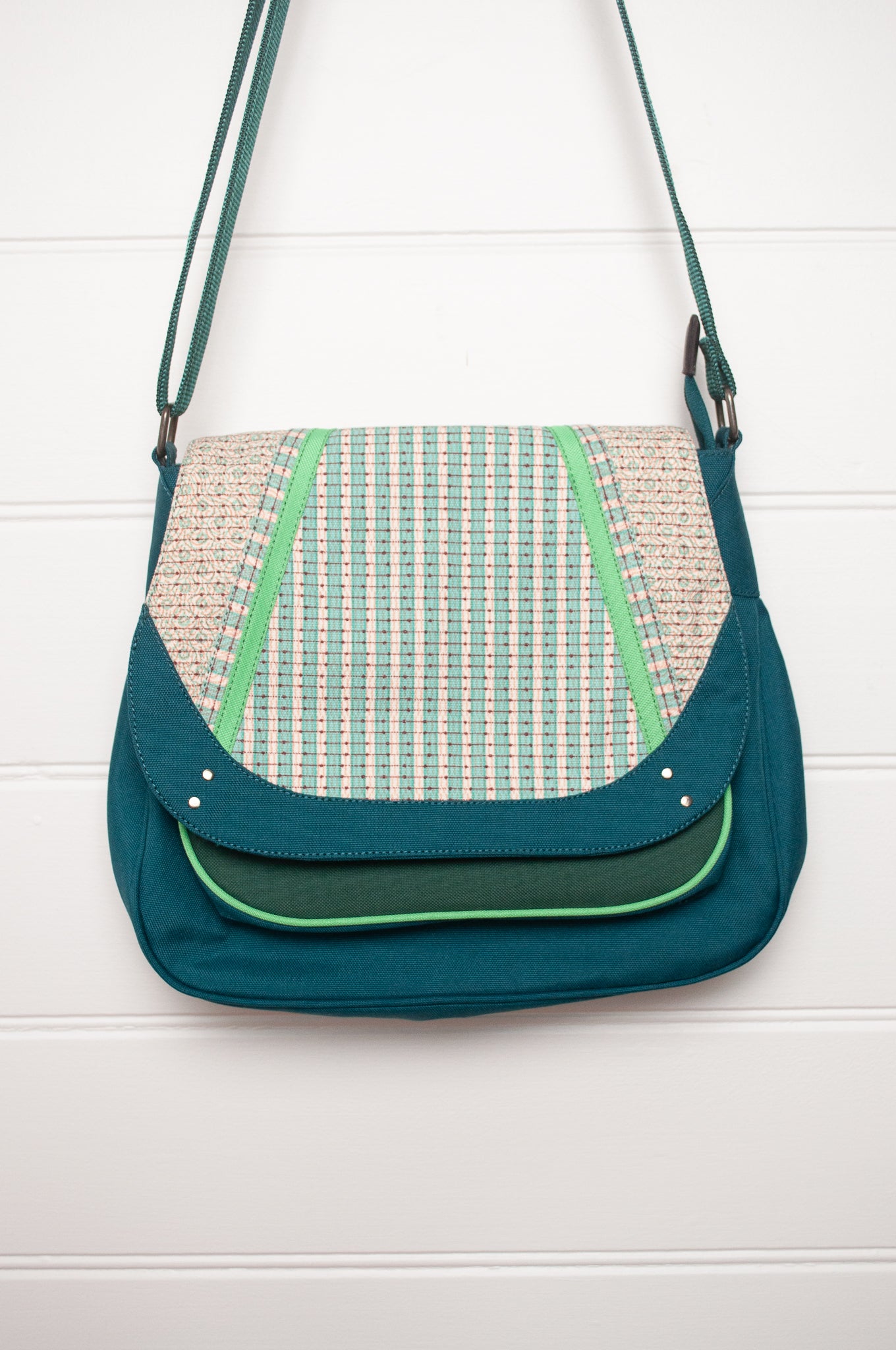 Anna Kaszer cotton canvas Ionza handbag in teal and aqua.
