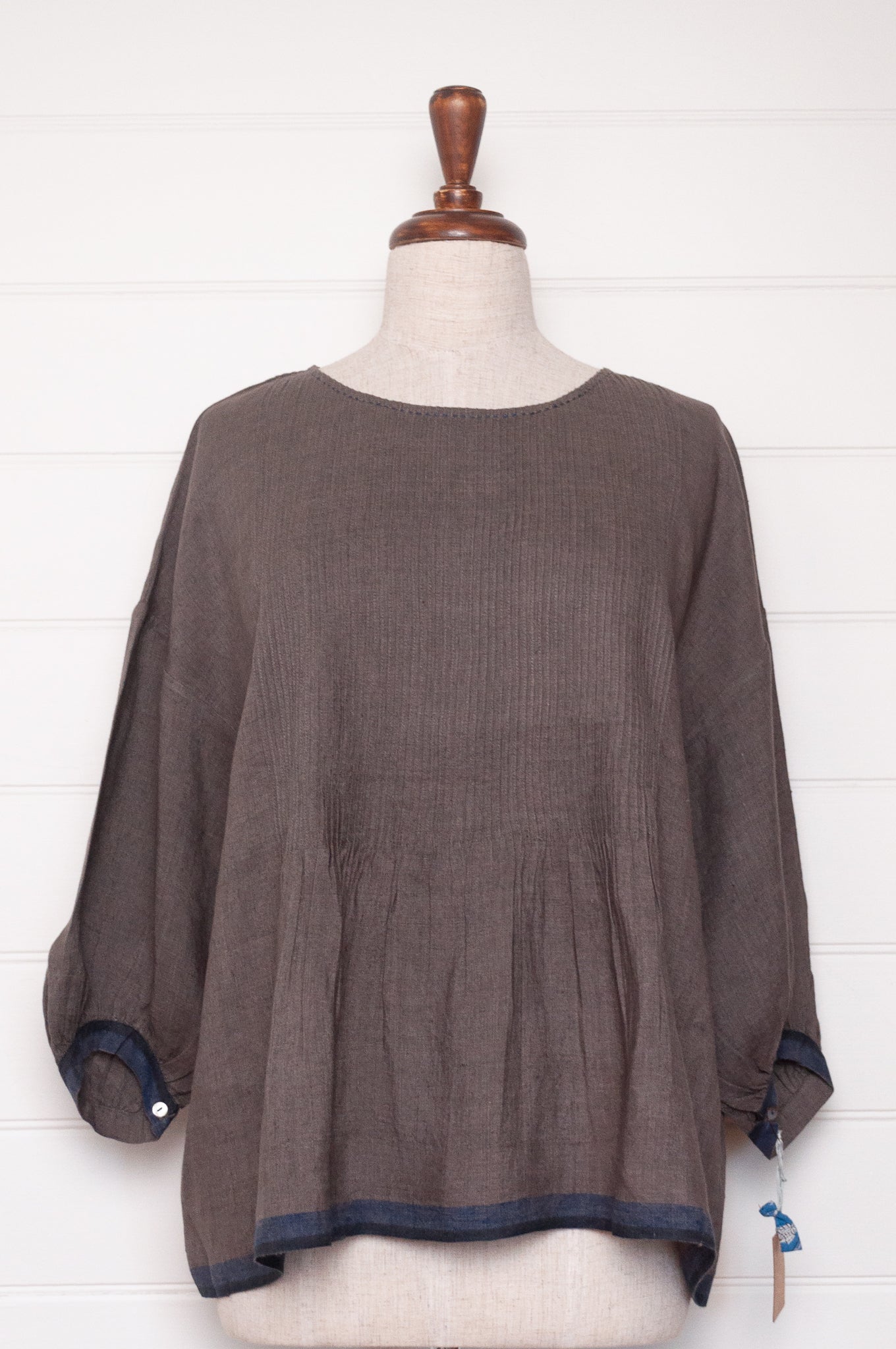 Dve one size pintucked linen Anisha top in storm grey.