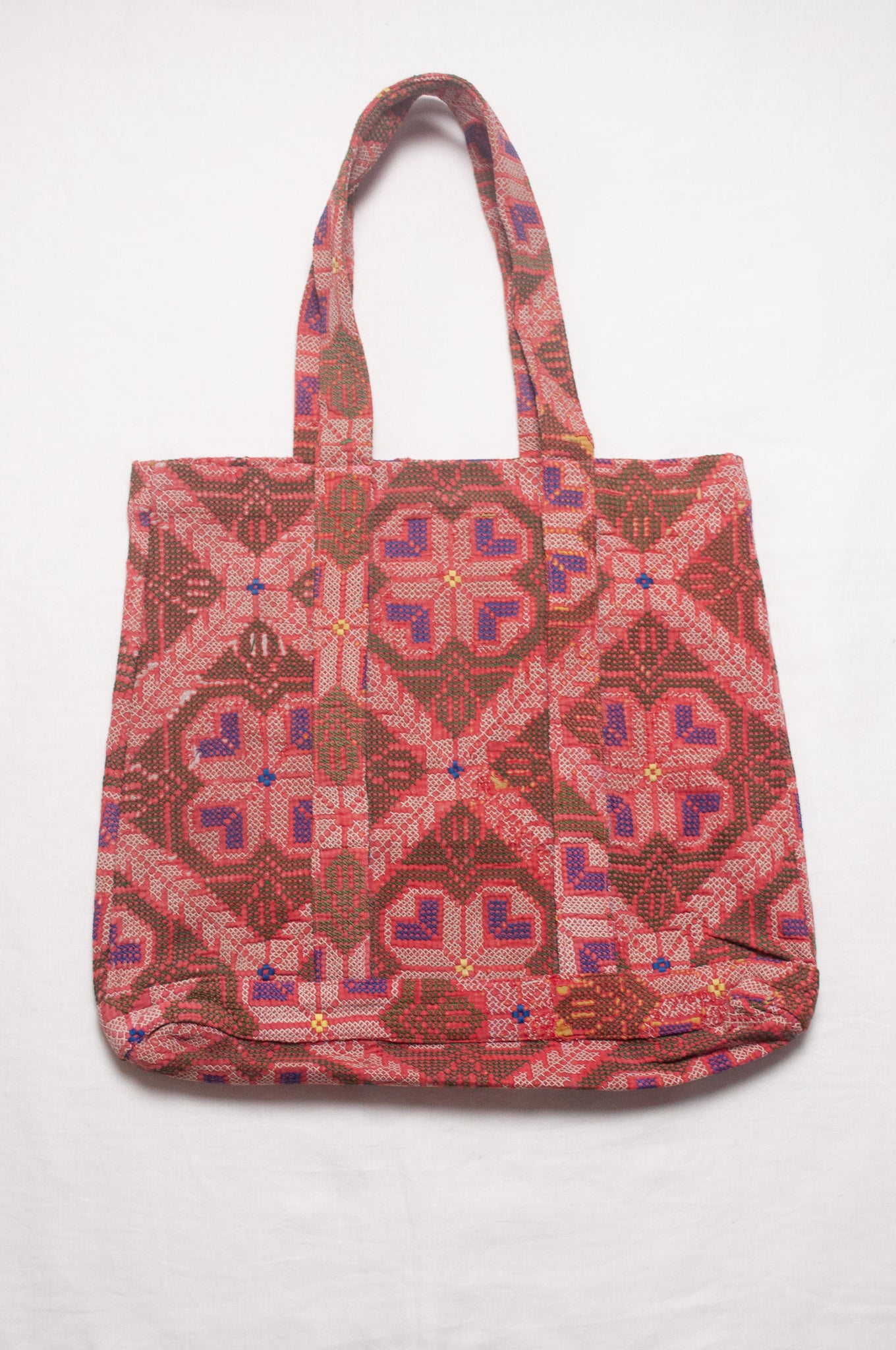 Vintage kantha quilt market tote bag, cross stitch embroidered.
