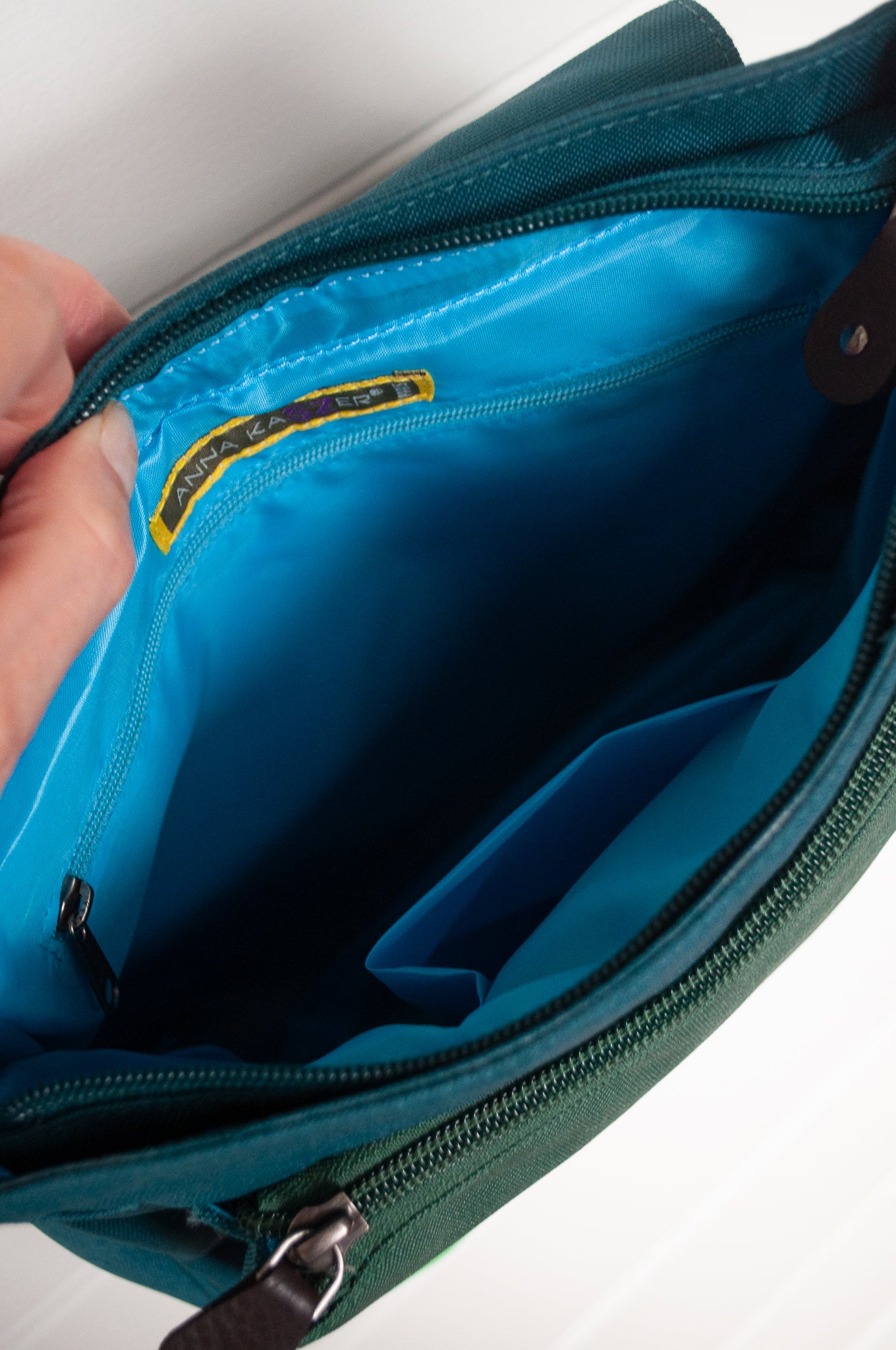 Anna Kaszer cotton canvas Ionza handbag in teal and aqua.