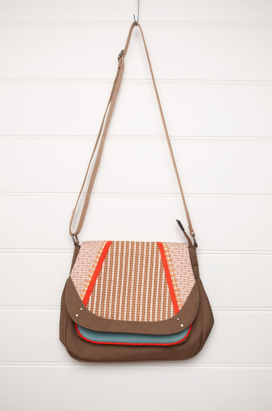 Anna Kaszer cotton canvas Ionza handbag in taupe and mustard.