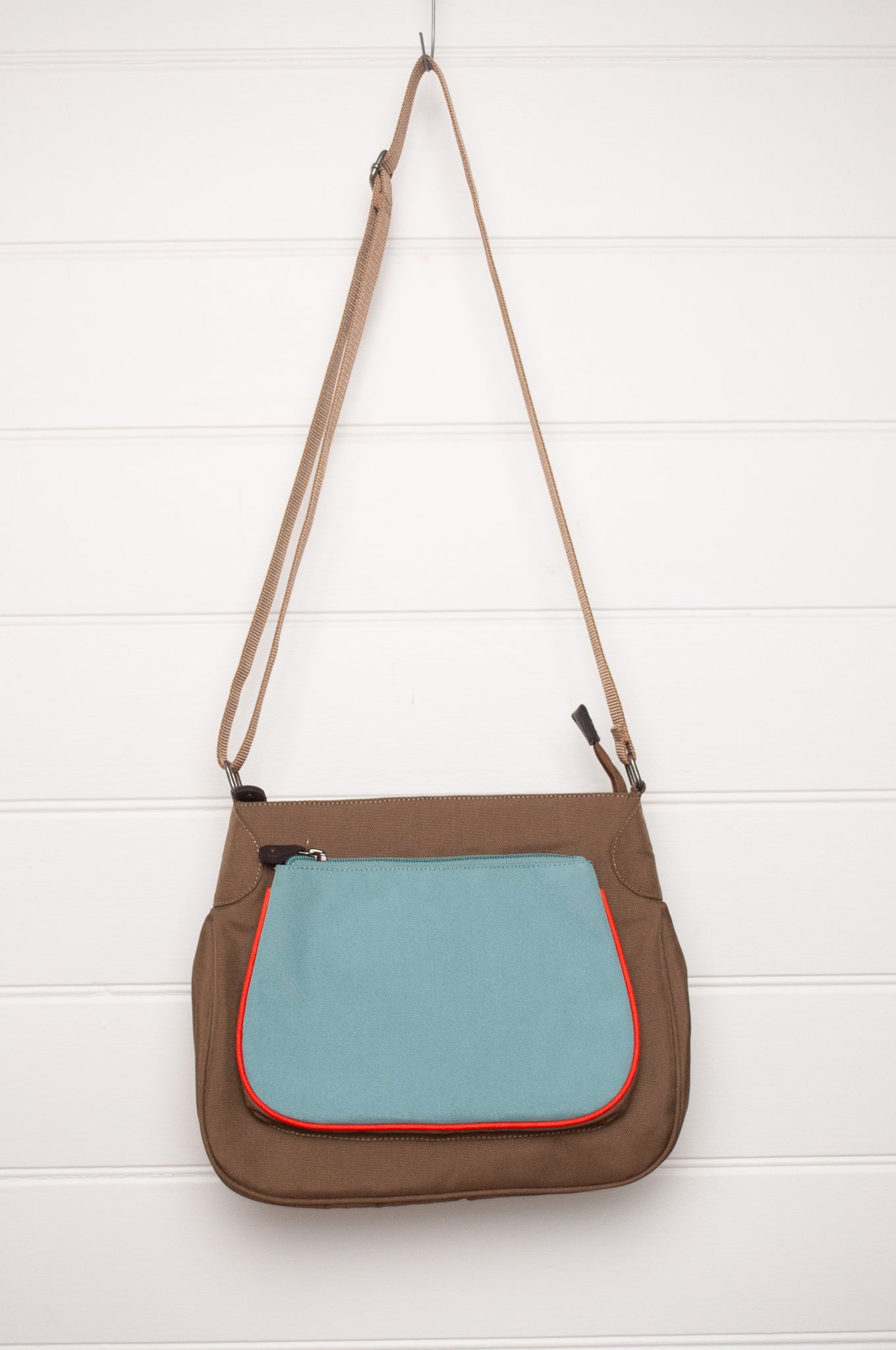 Anna Kaszer cotton canvas Ionza handbag in taupe and mustard.