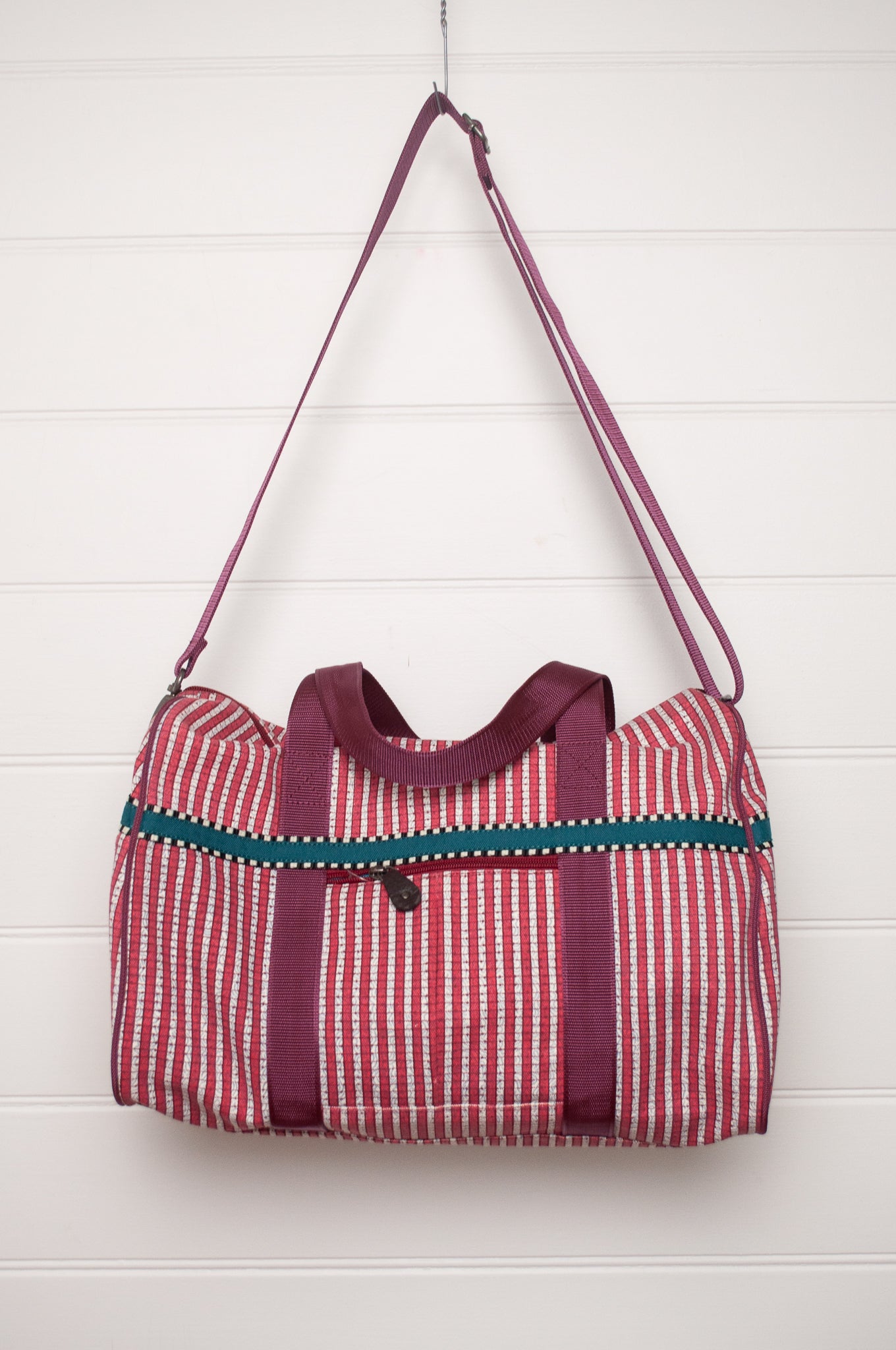 Anna Kaszer Helzip cotton canvas weekend duffle bag in red stripe.