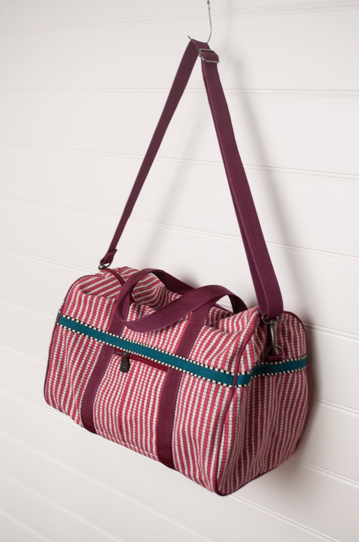 Anna Kaszer Helzip cotton canvas weekend duffle bag in red stripe.