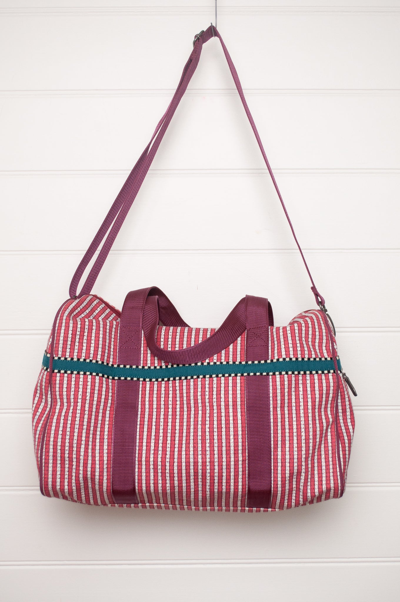 Anna Kaszer Helzip cotton canvas weekend duffle bag in red stripe.