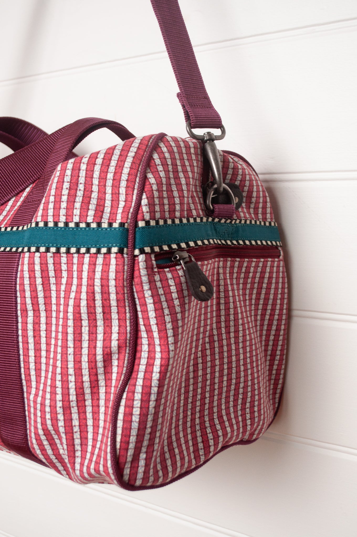 Anna Kaszer Helzip cotton canvas weekend duffle bag in red stripe.