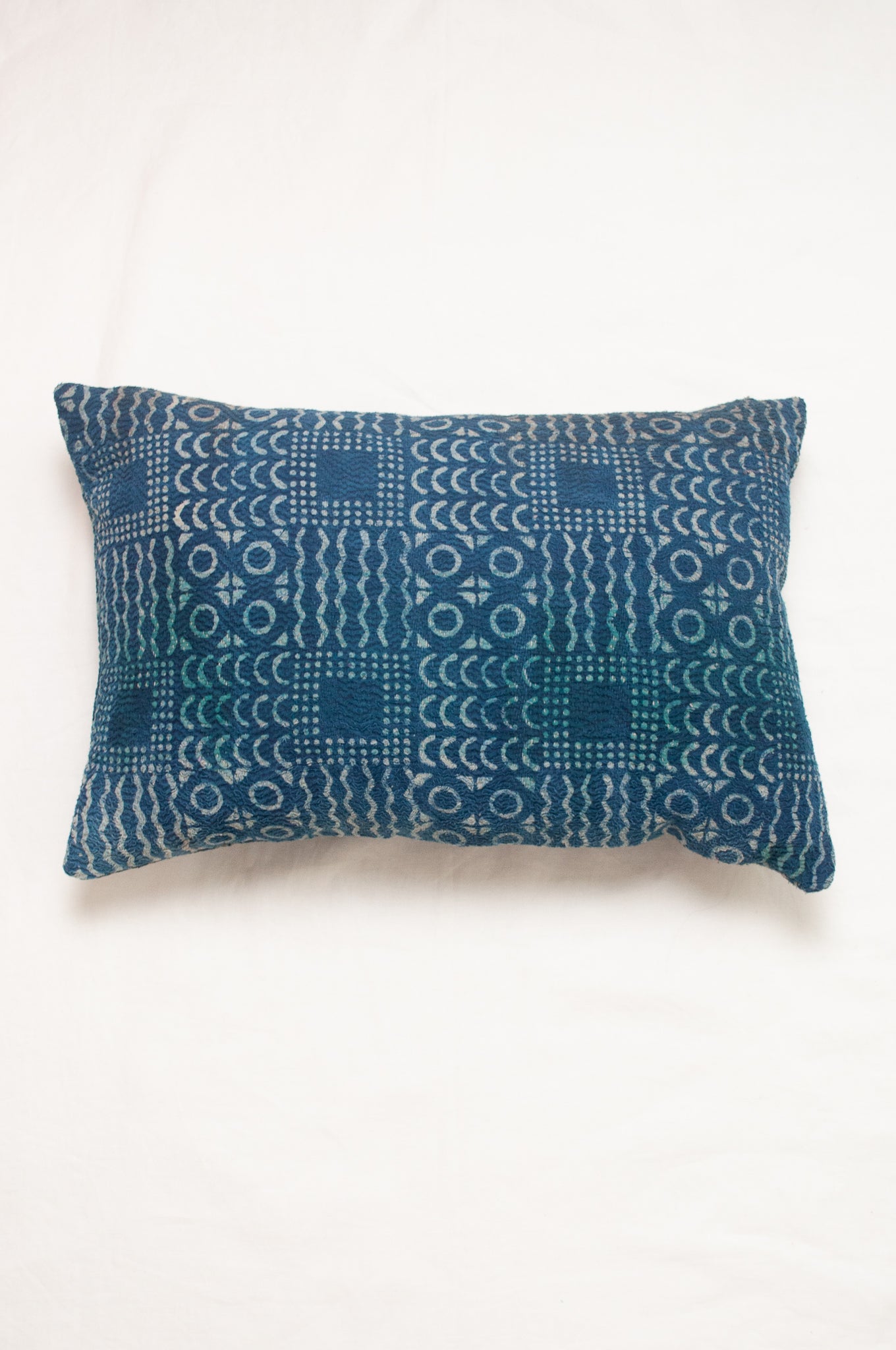 Vintage kantha bolster cushion - indigo patchwork II