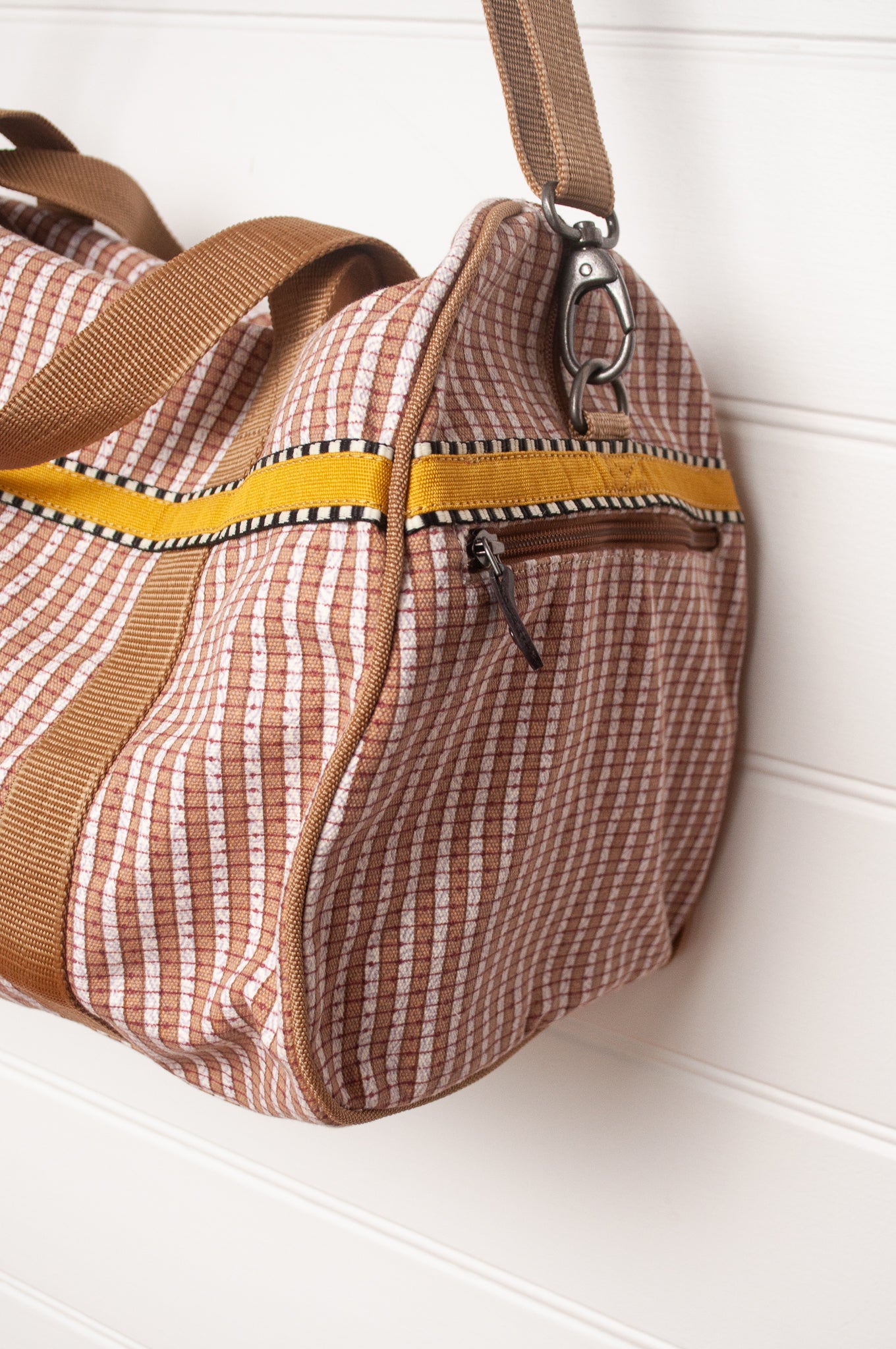 Anna Kaszer Helzip cotton canvas weekend duffle bag in mustard stripe.