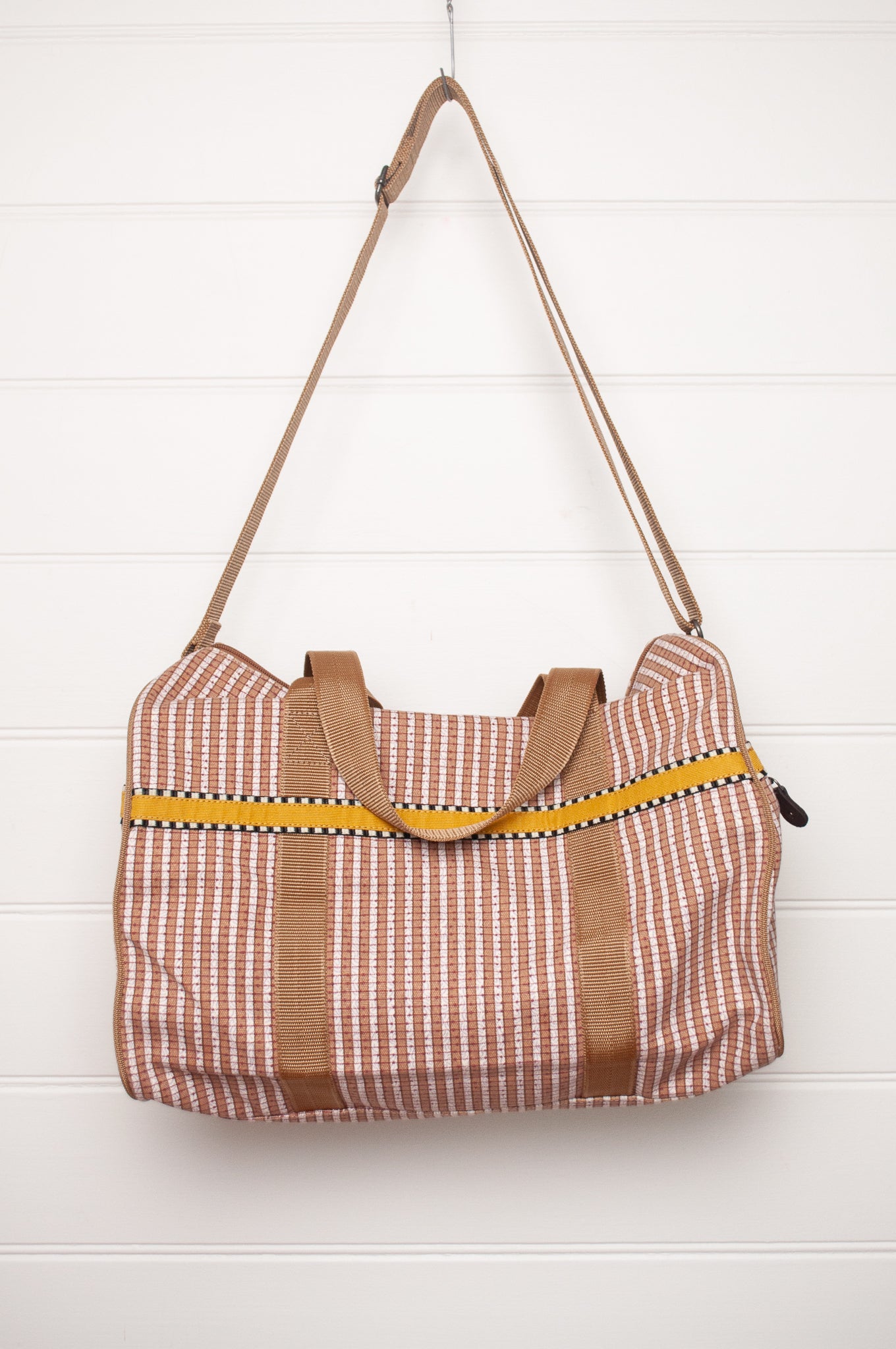 Anna Kaszer Helzip cotton canvas weekend duffle bag in mustard stripe.