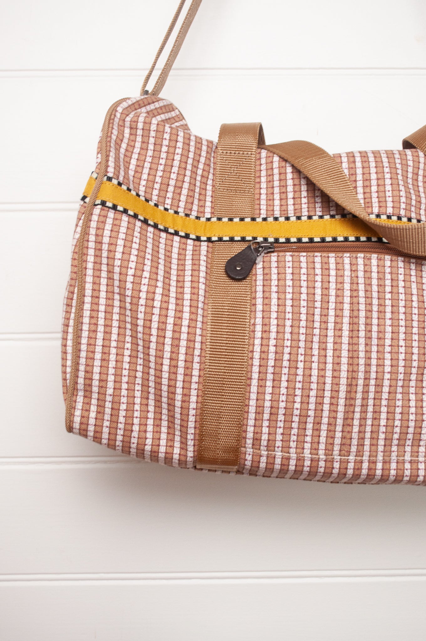 Anna Kaszer Helzip cotton canvas weekend duffle bag in mustard stripe.