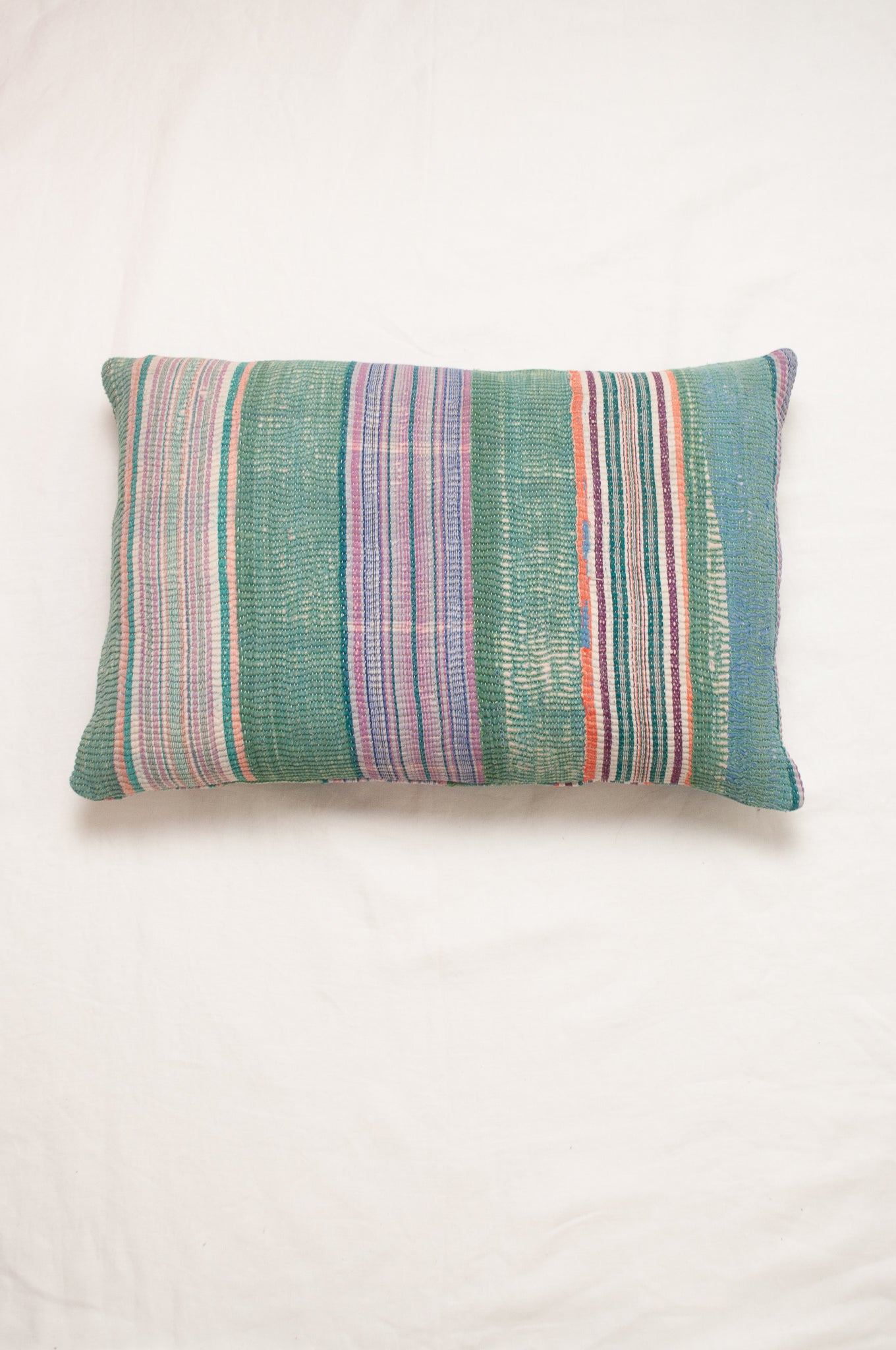 Vintage kantha bolster cushion - mint stripes
