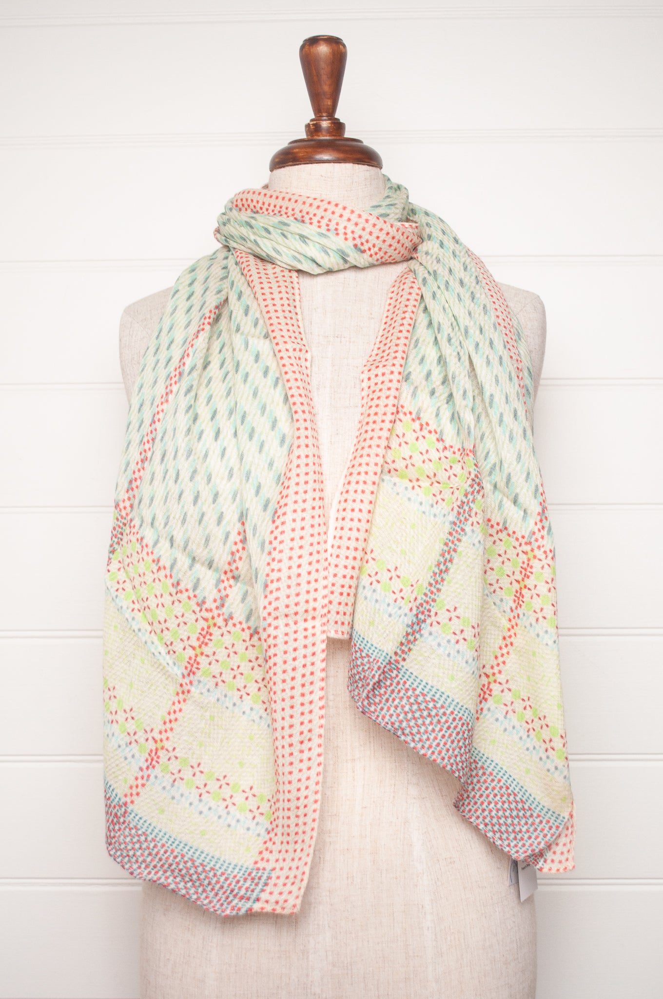 Anna Kaszer fine wool aqua and white scarf with red accents.