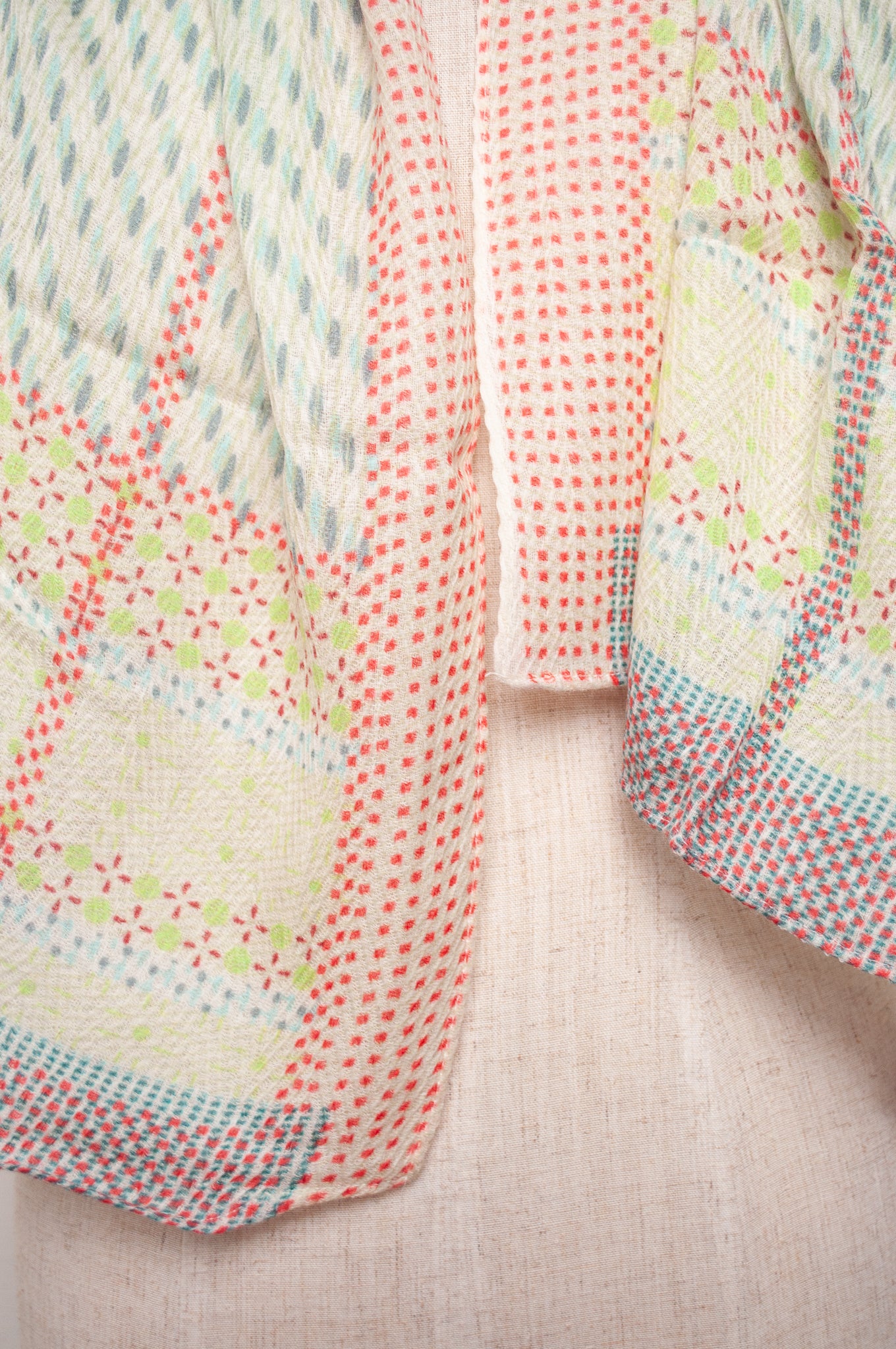 Anna Kaszer fine wool aqua and white scarf with red accents.