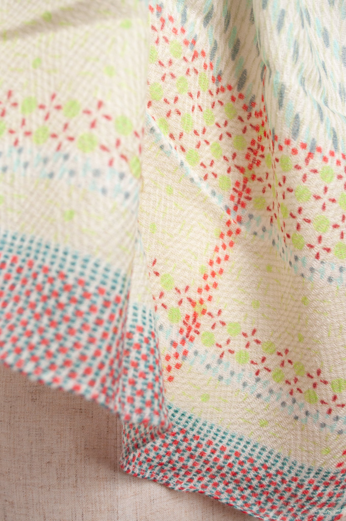 Anna Kaszer fine wool aqua and white scarf with red accents.