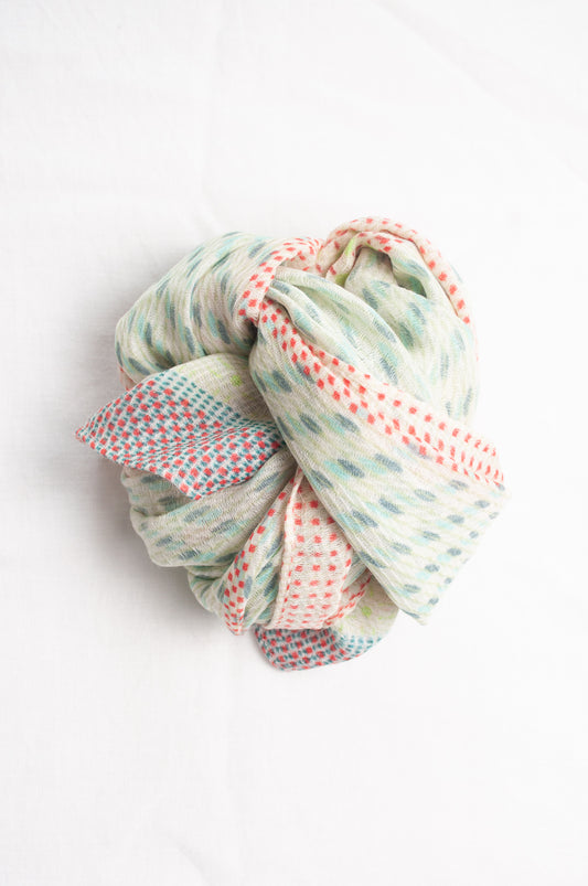 Anna Kaszer fine wool aqua and white scarf with red accents.