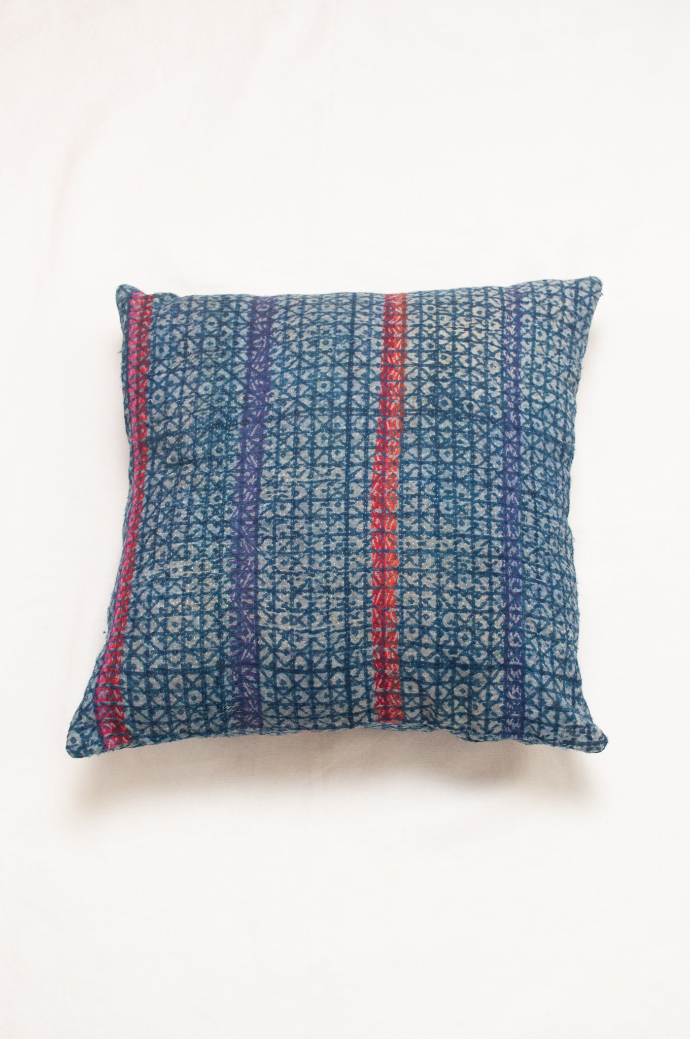 Vintage kantha cushion - red striped blue