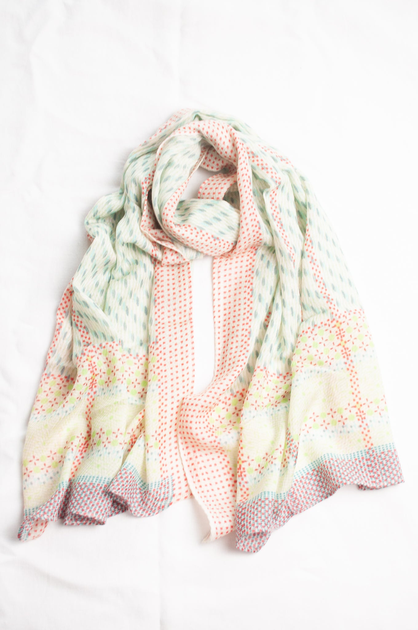 Anna Kaszer fine wool aqua and white scarf with red accents.