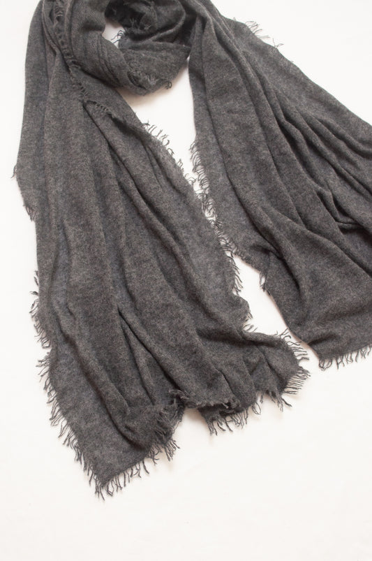 Pure cashmere, lightweight knit fringed scarf in charcoal grey.