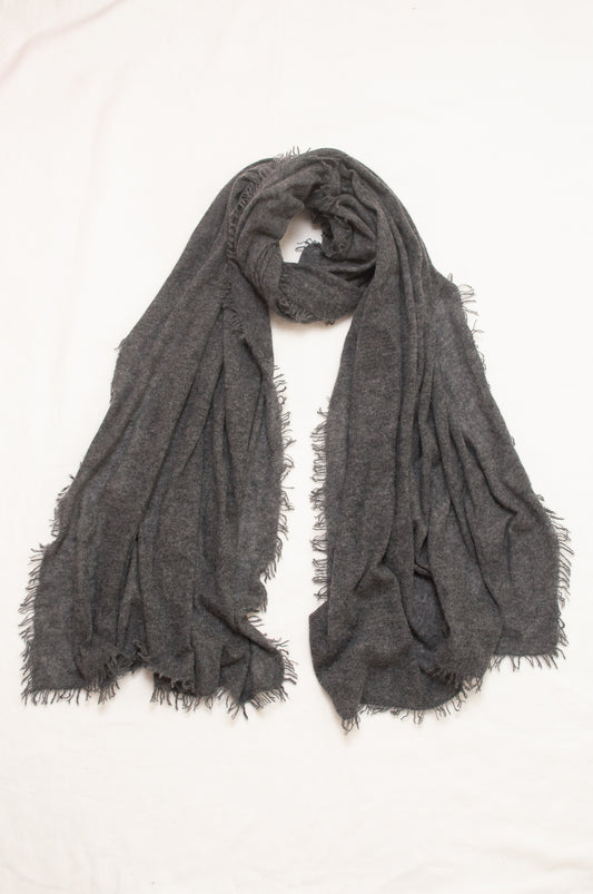 Pure cashmere, lightweight knit fringed scarf in charcoal grey.