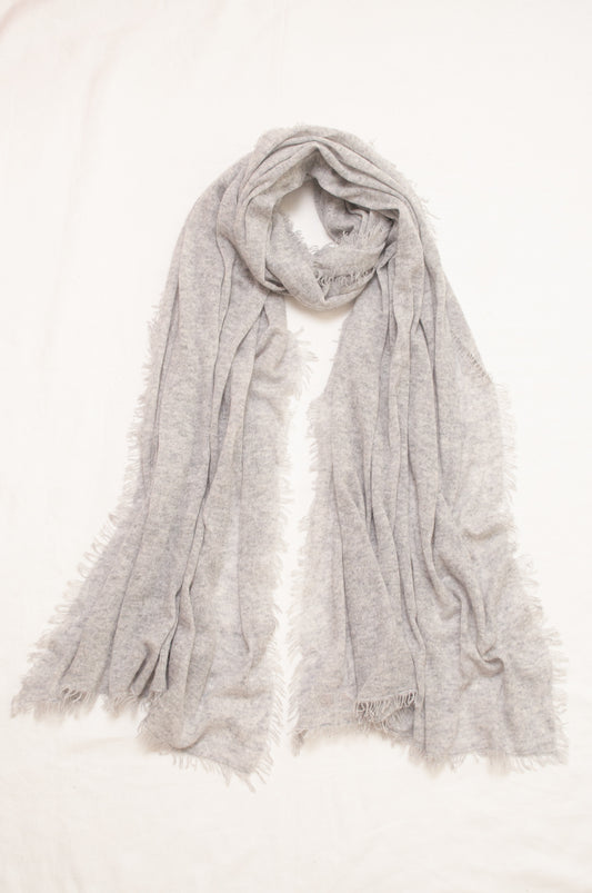 Pure cashmere, lightweight knit fringed scarf in ash grey.