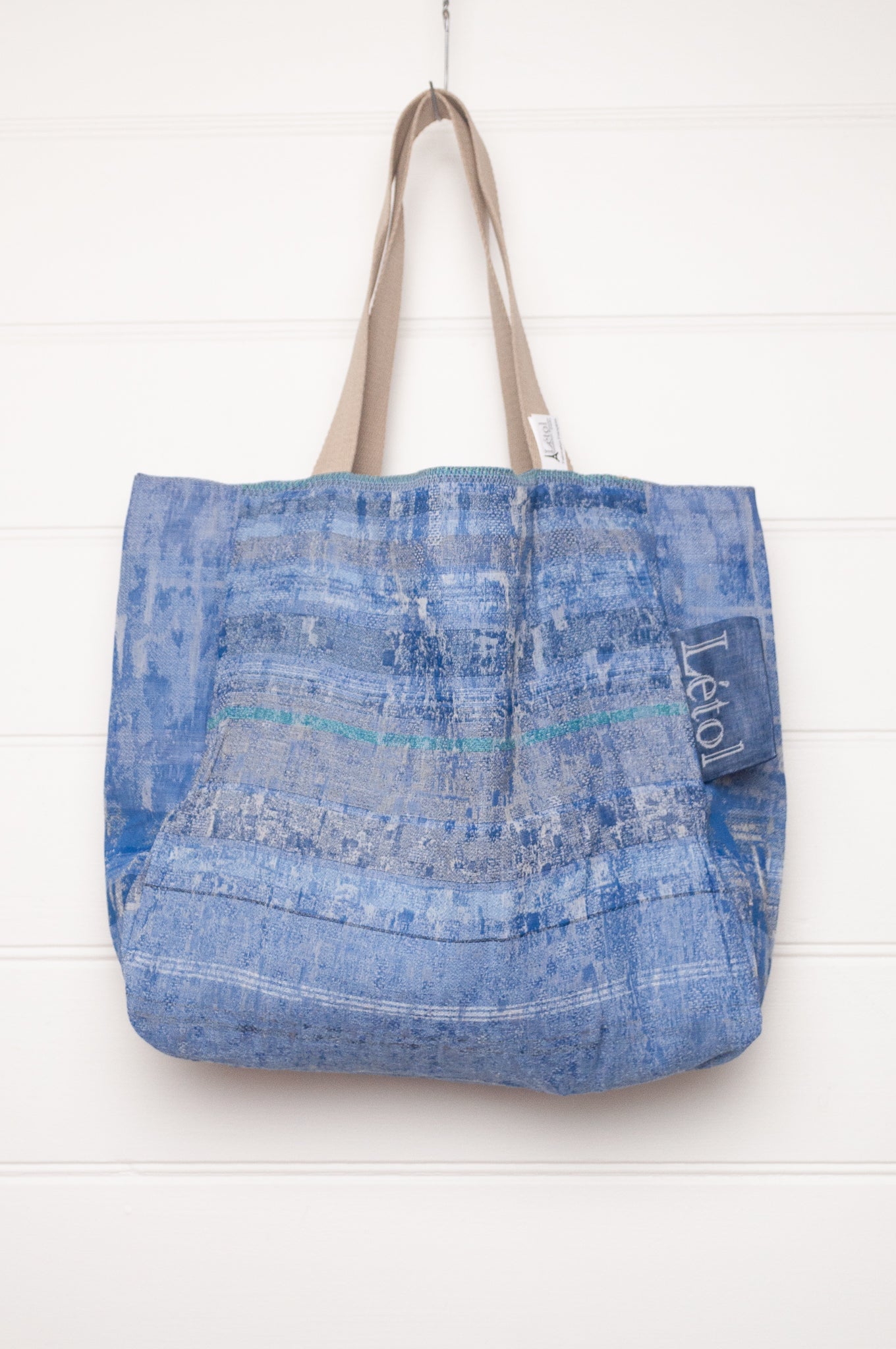 Letol organic cotton jacquard weave tote bag in azur blue floral design.