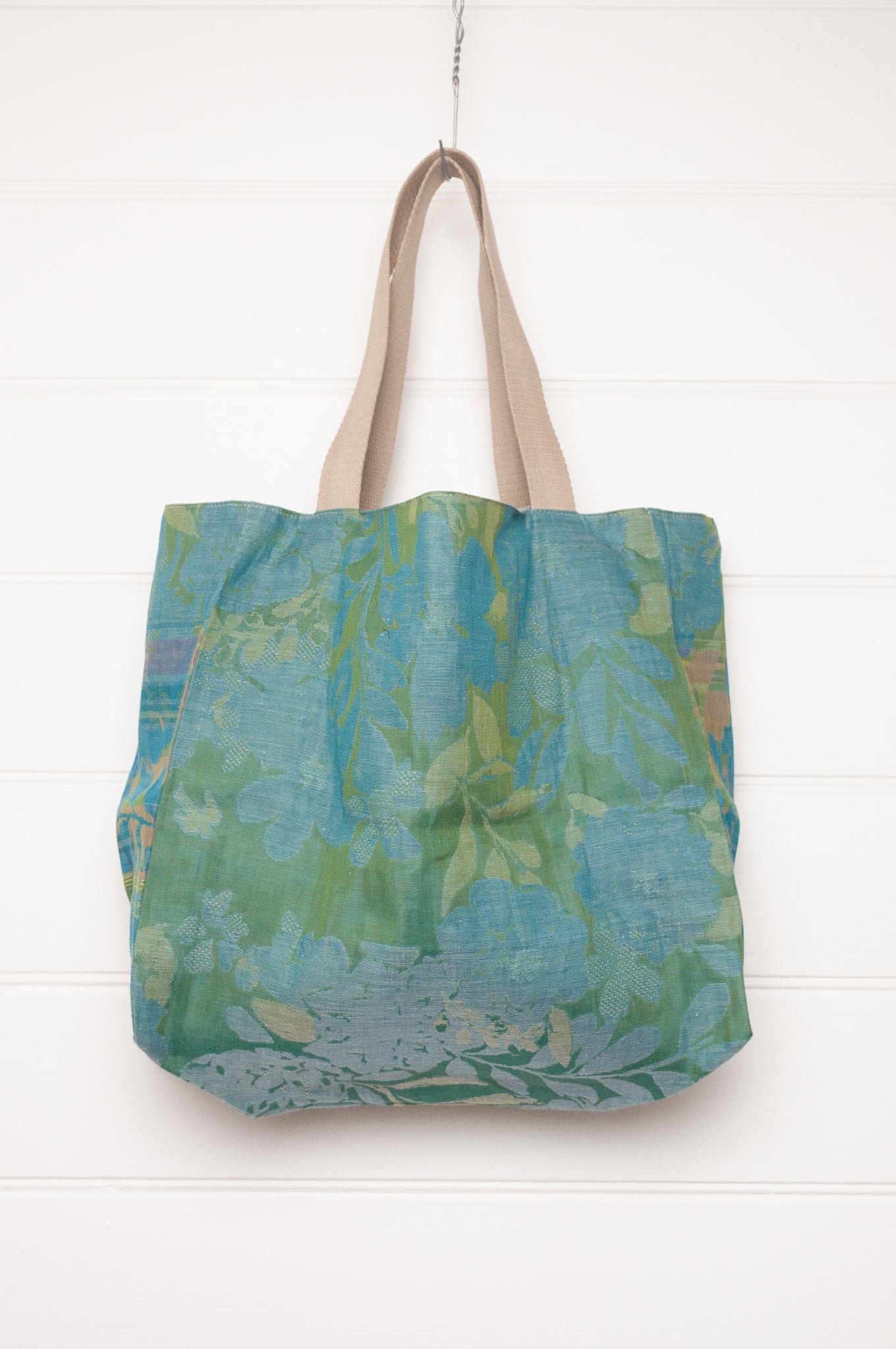 Letol medium sized organic cotton tote bag with Emilienne design in aqua, lime and green.