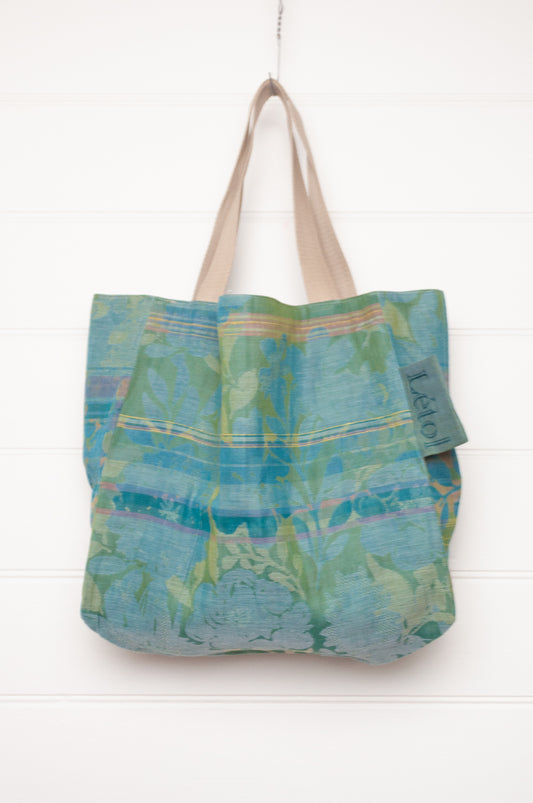 Letol medium sized organic cotton tote bag with Emilienne design in aqua, lime and green.