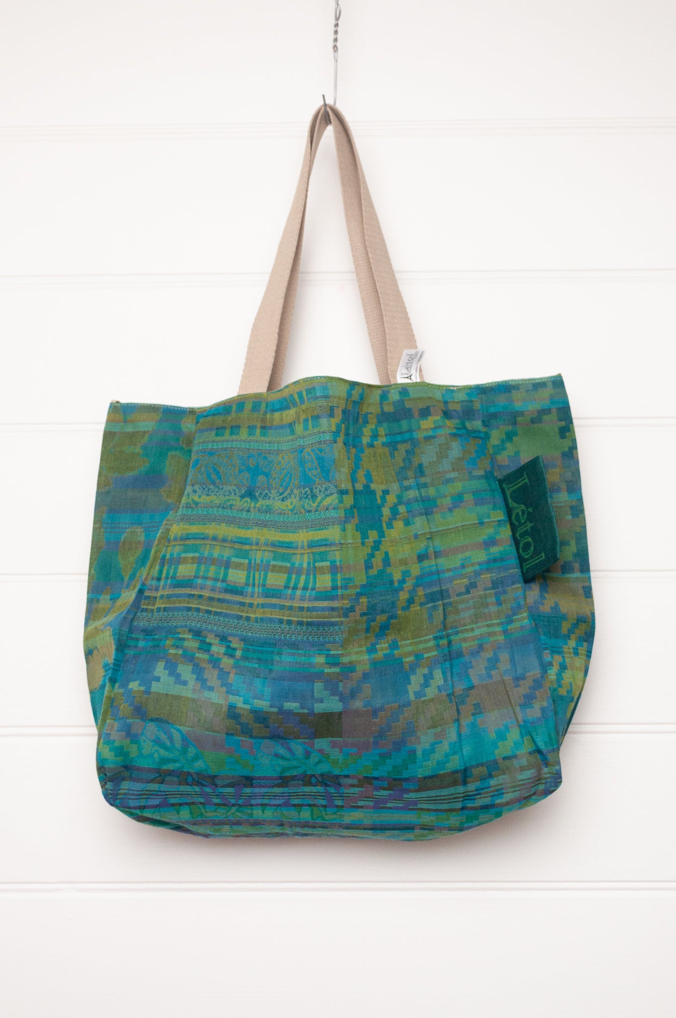 Letol medium sized organic cotton tote bag with Emilienne design in aqua, lime and green.