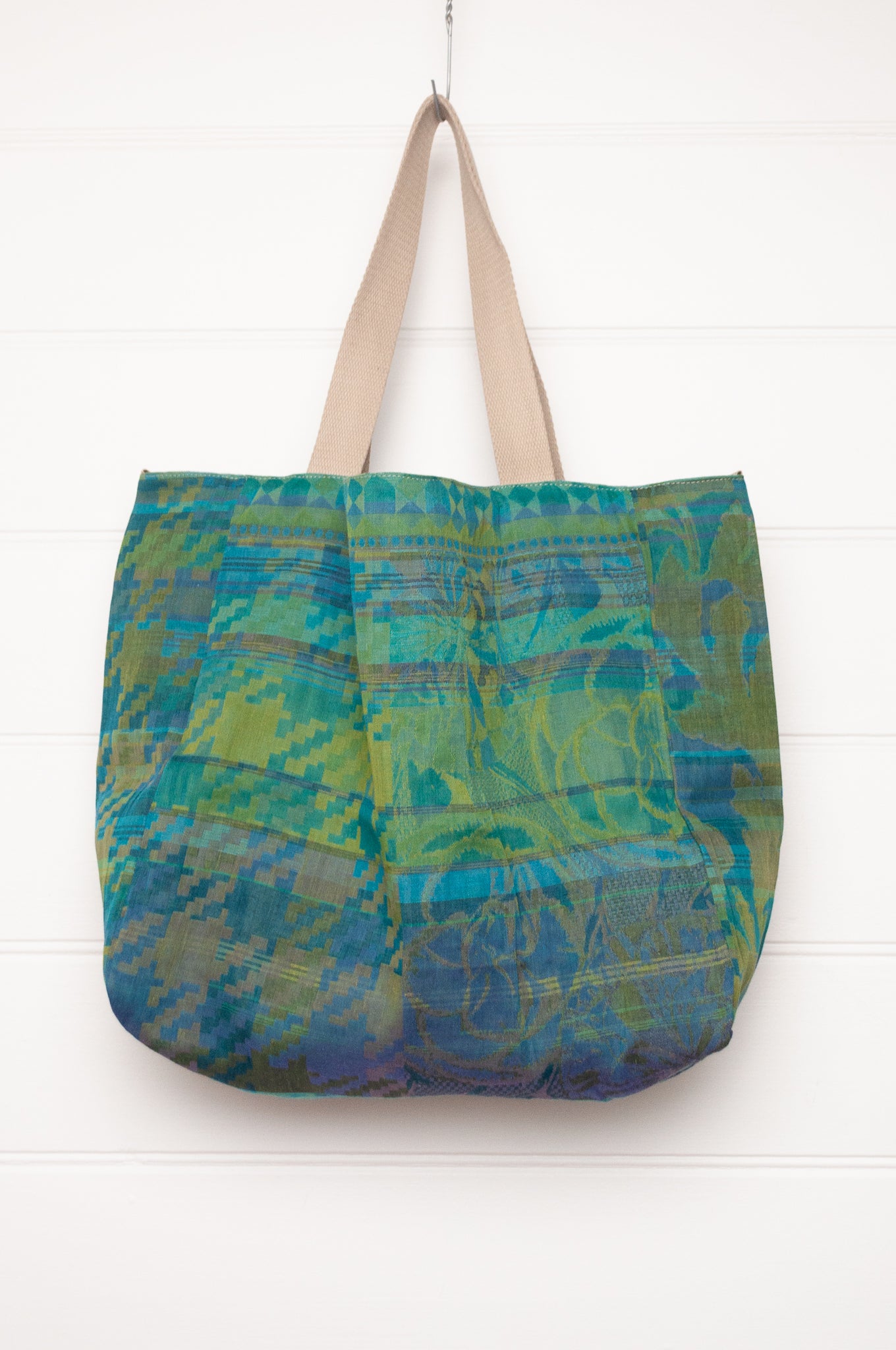 Letol medium sized organic cotton tote bag with Emilienne design in aqua, lime and green.