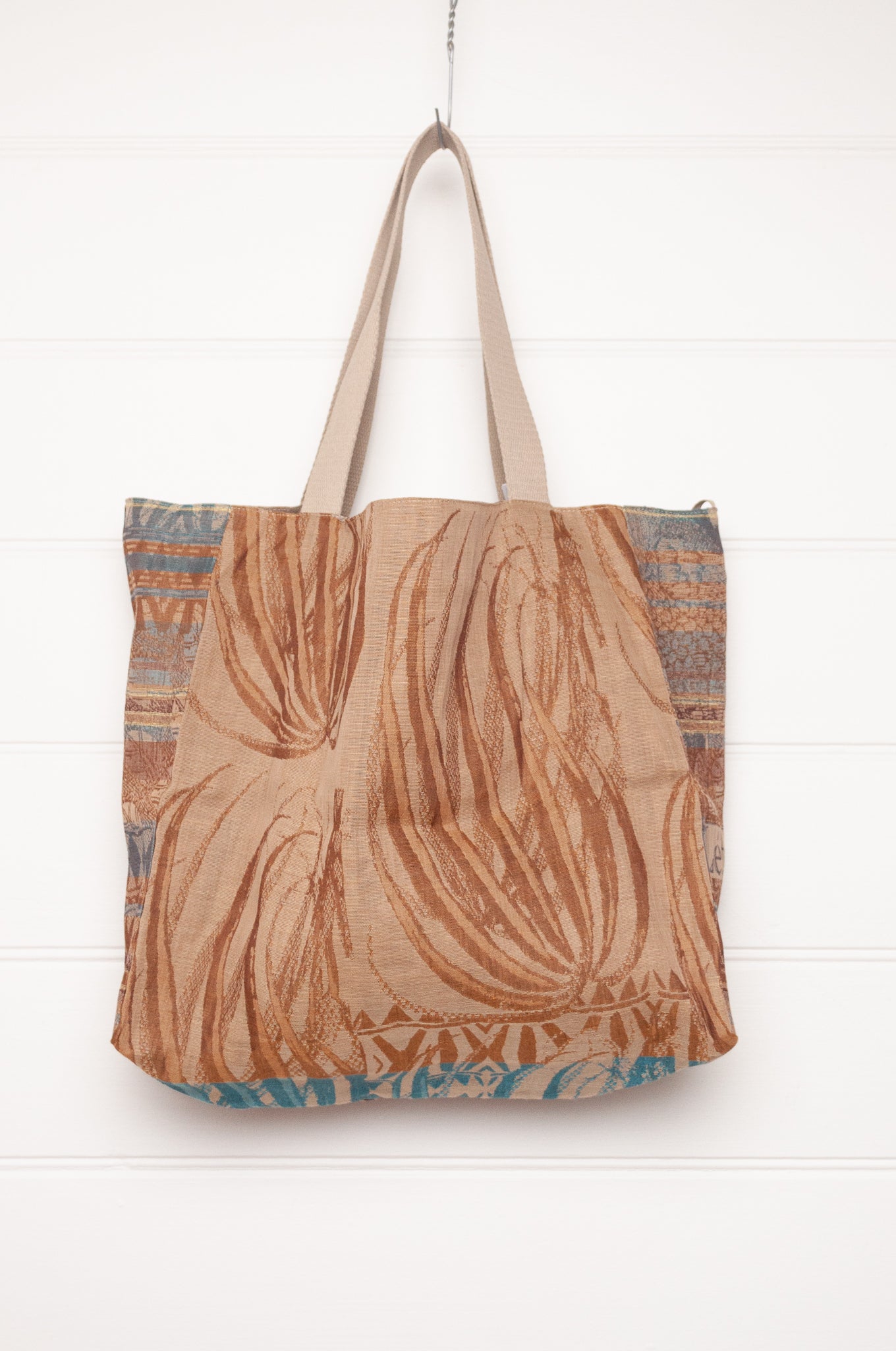 Letol organic cotton jacquard weave large tote bag in foliage and stripes in mustard, chocolate brown.