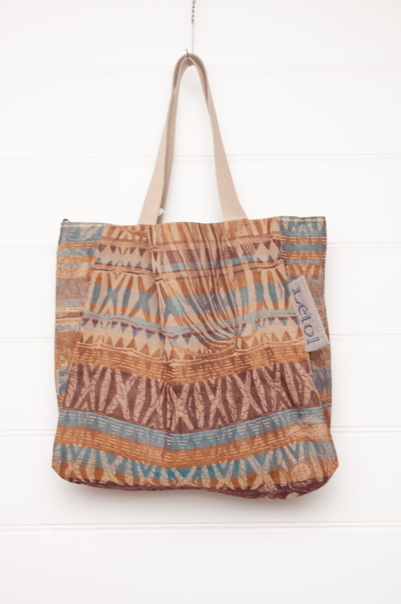 Letol organic cotton jacquard weave large tote bag in foliage and stripes in mustard, chocolate brown.