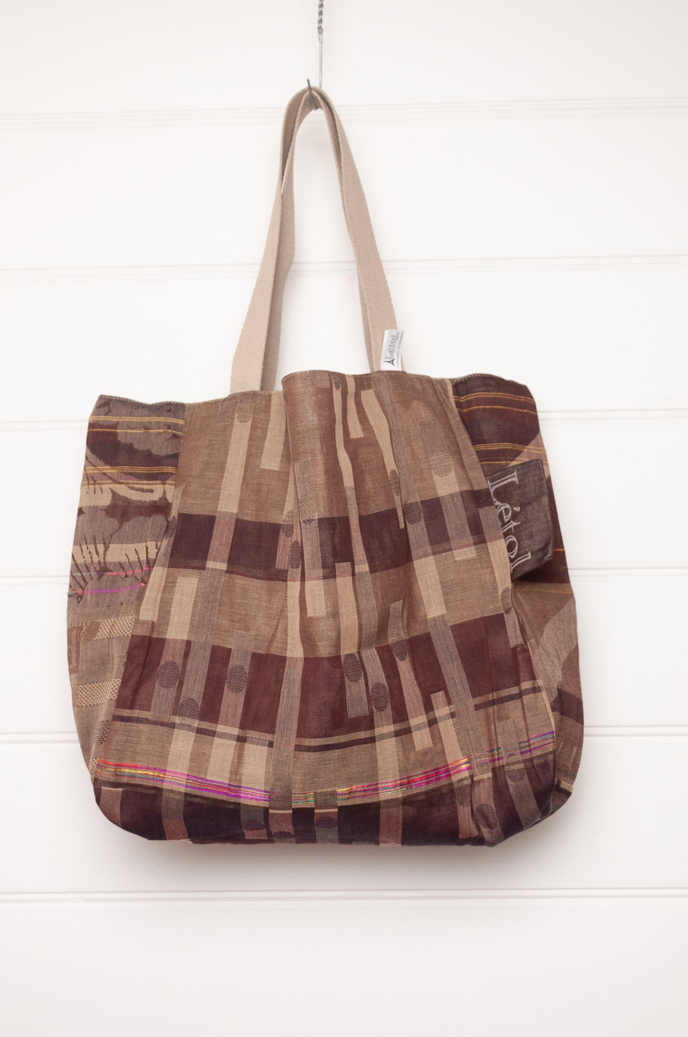 Letol organic cotton jacquard weave large tote bag in foliage and stripes in mustard, chocolate brown.