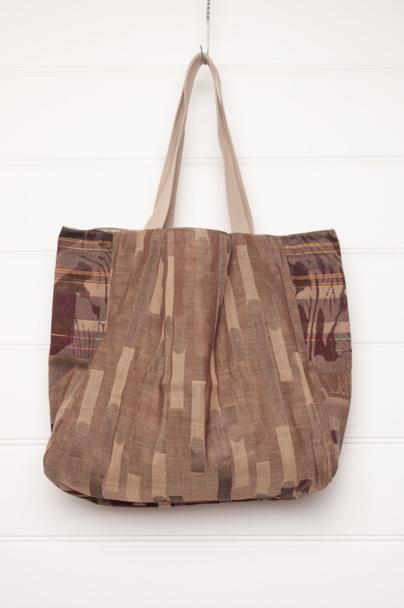 Letol organic cotton jacquard weave large tote bag in foliage and stripes in mustard, chocolate brown.