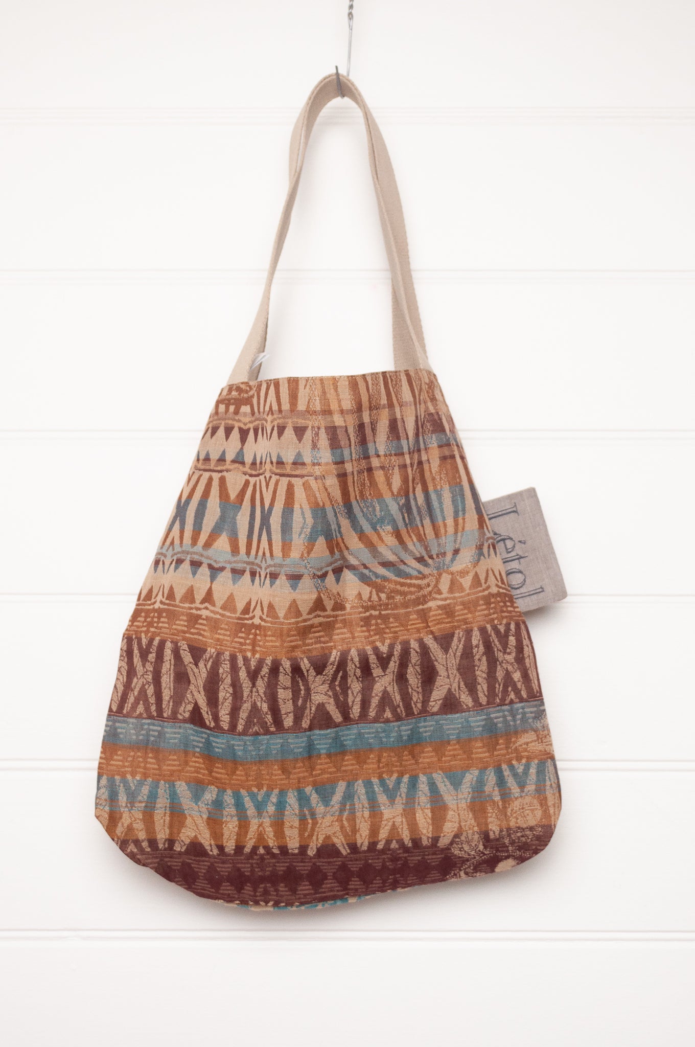 Letol organic cotton jacquard weave large tote bag in foliage and stripes in mustard, chocolate brown.