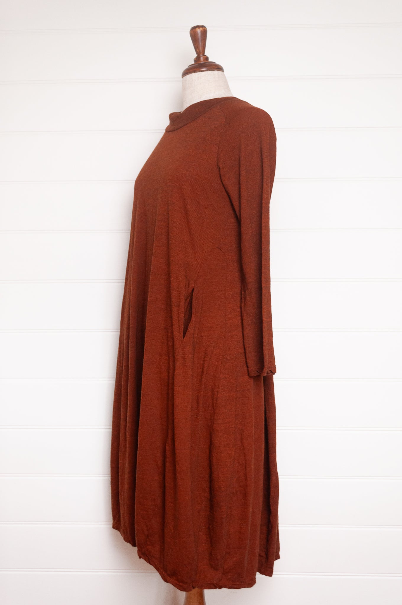 Valia merino wool jersey Prado dress in desert tan.