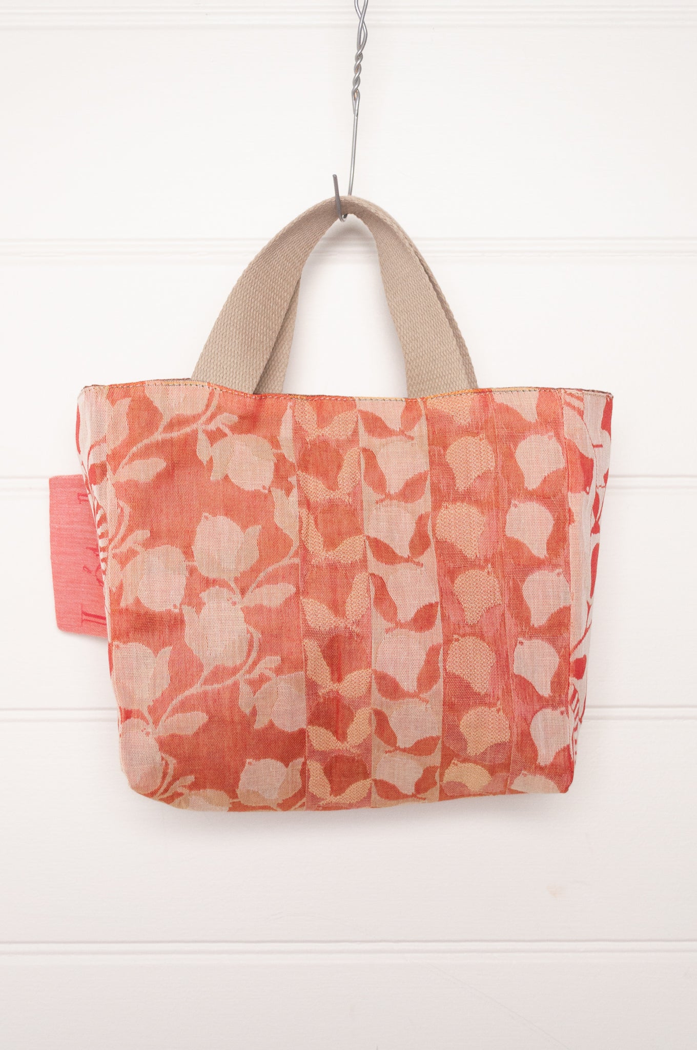 Letol organic cotton jacquard weave mini tote bag in foliage and stripes in tomato red and dusty pink.