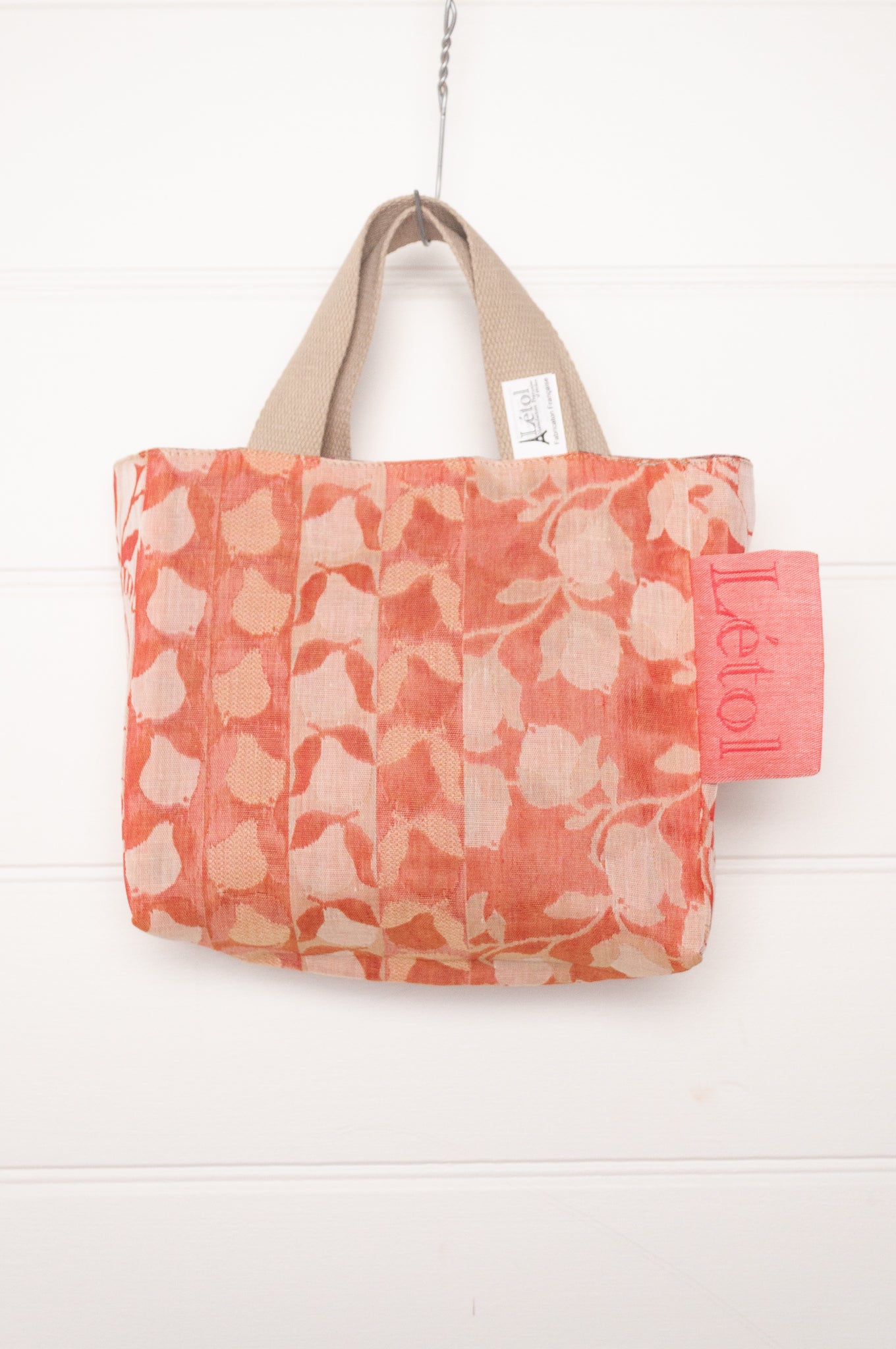 Letol organic cotton jacquard weave mini tote bag in foliage and stripes in tomato red and dusty pink.