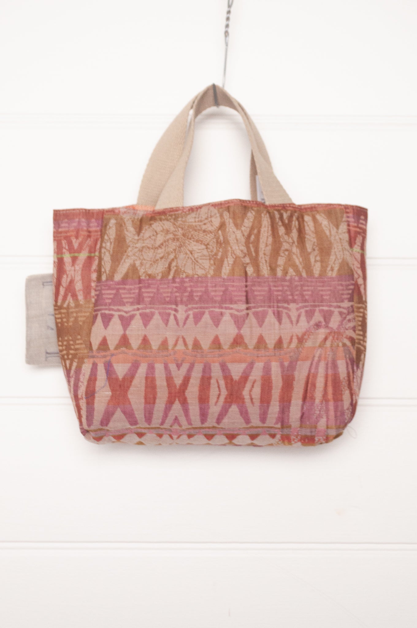 Letol organic cotton jacquard weave mini tote bag in foliage and stripes in tomato red and dusty pink.