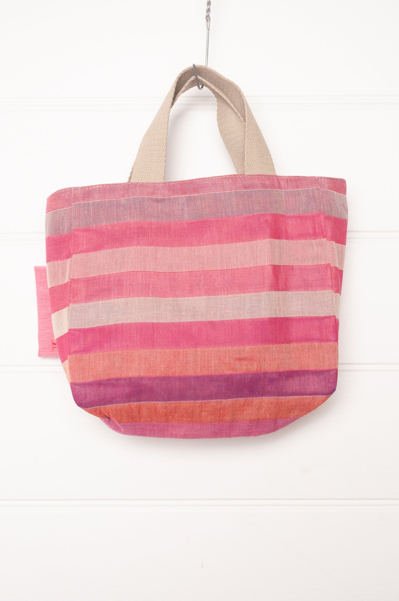 Letol organic cotton jacquard weave mini tote bag in checks and stripes red and pink.