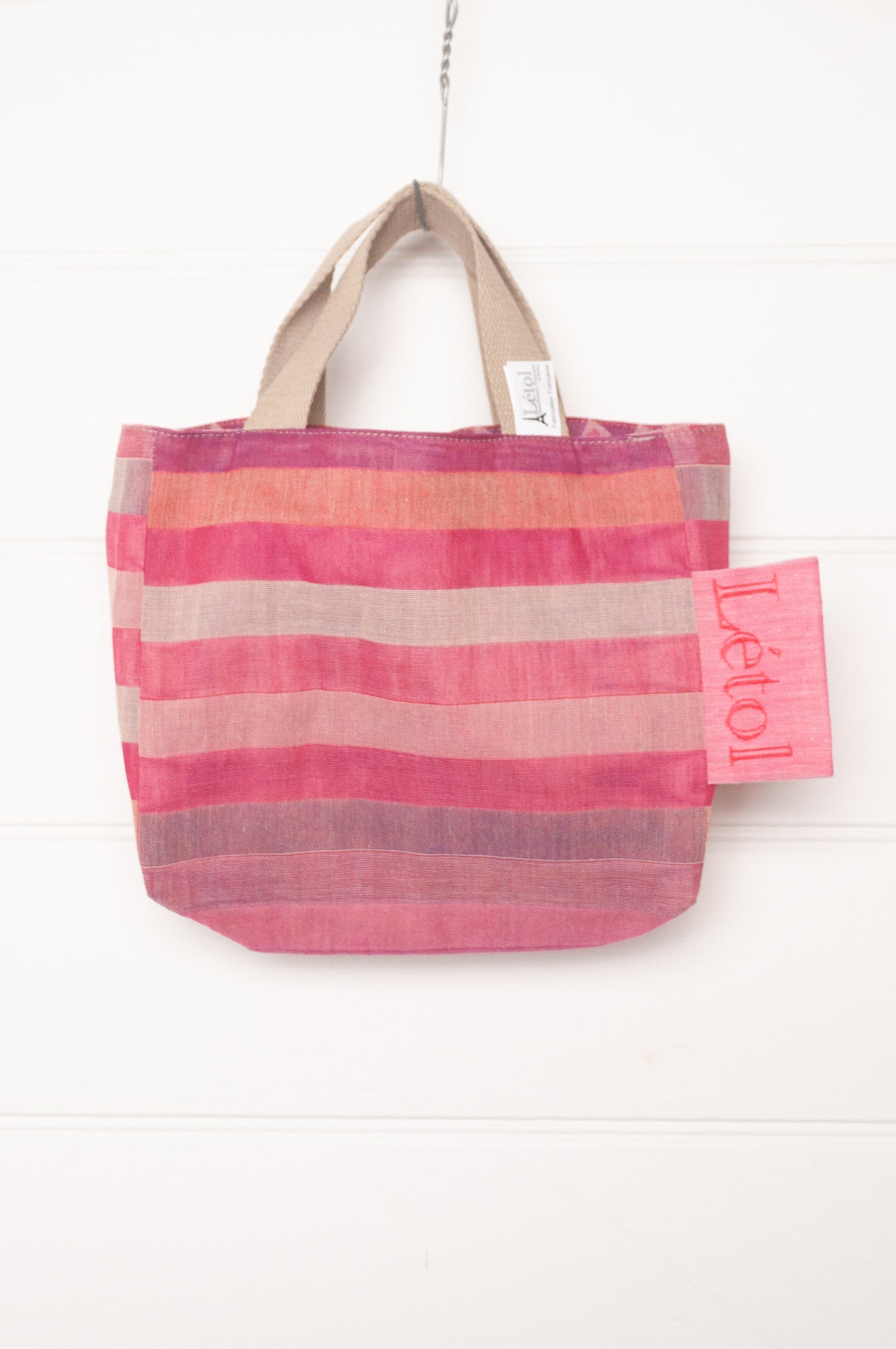 Letol organic cotton jacquard weave mini tote bag in checks and stripes red and pink.