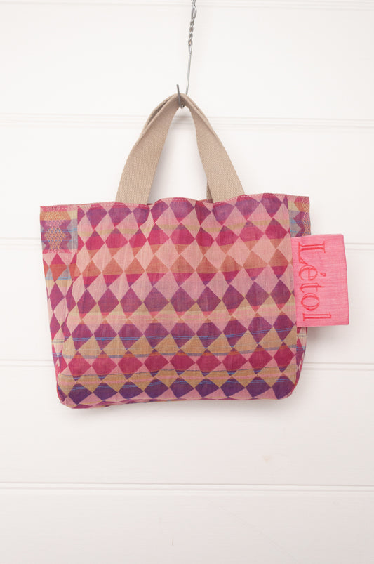 Letol organic cotton jacquard weave mini tote bag in checks and stripes red and pink.