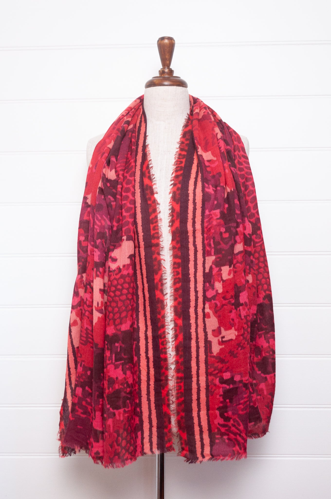 JH wool modal scarf pixeallated camouflage print in shades of red.