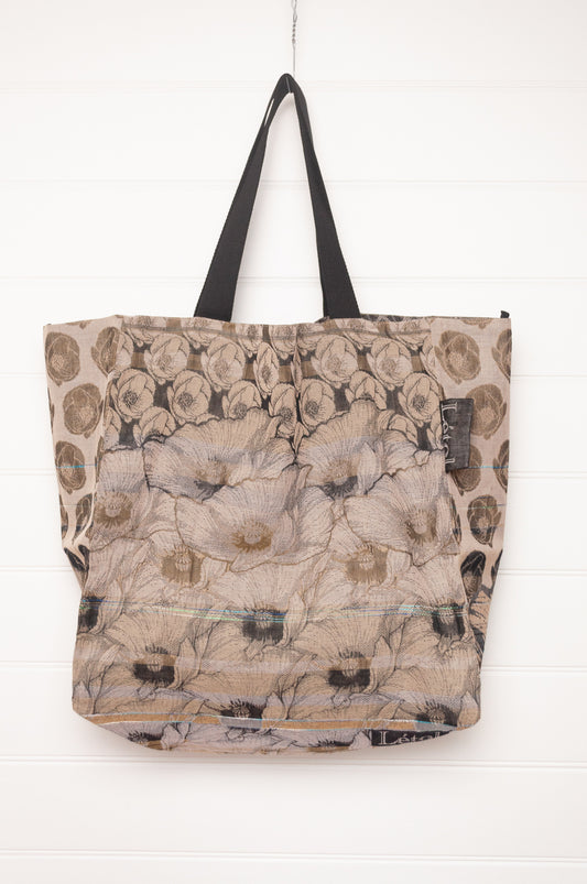 Letol organic cotton jacquard weave large tote bag in flowers and stripes in mustards, taupe and black.