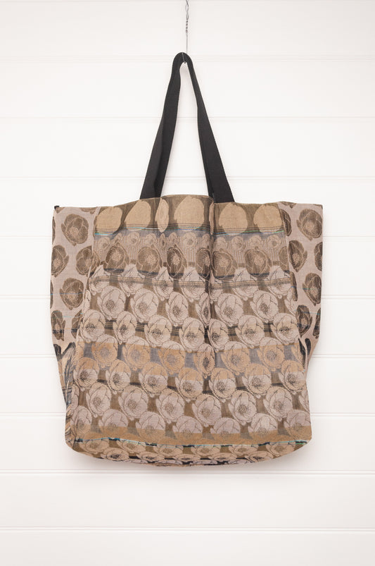 Letol organic cotton jacquard weave large tote bag in flowers and stripes in mustards, taupe and black.
