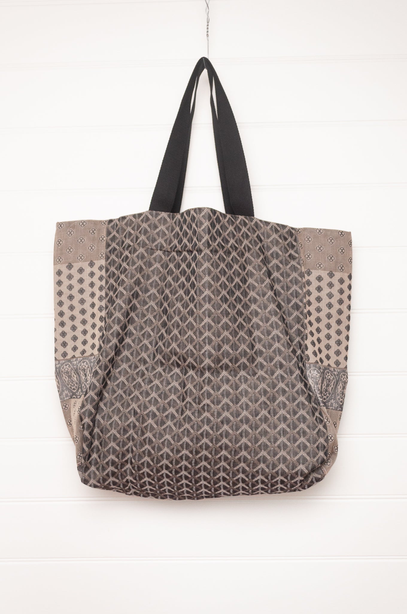 Letol organic cotton jacquard weave large tote bag in flowers and stripes in mustards, taupe and black.