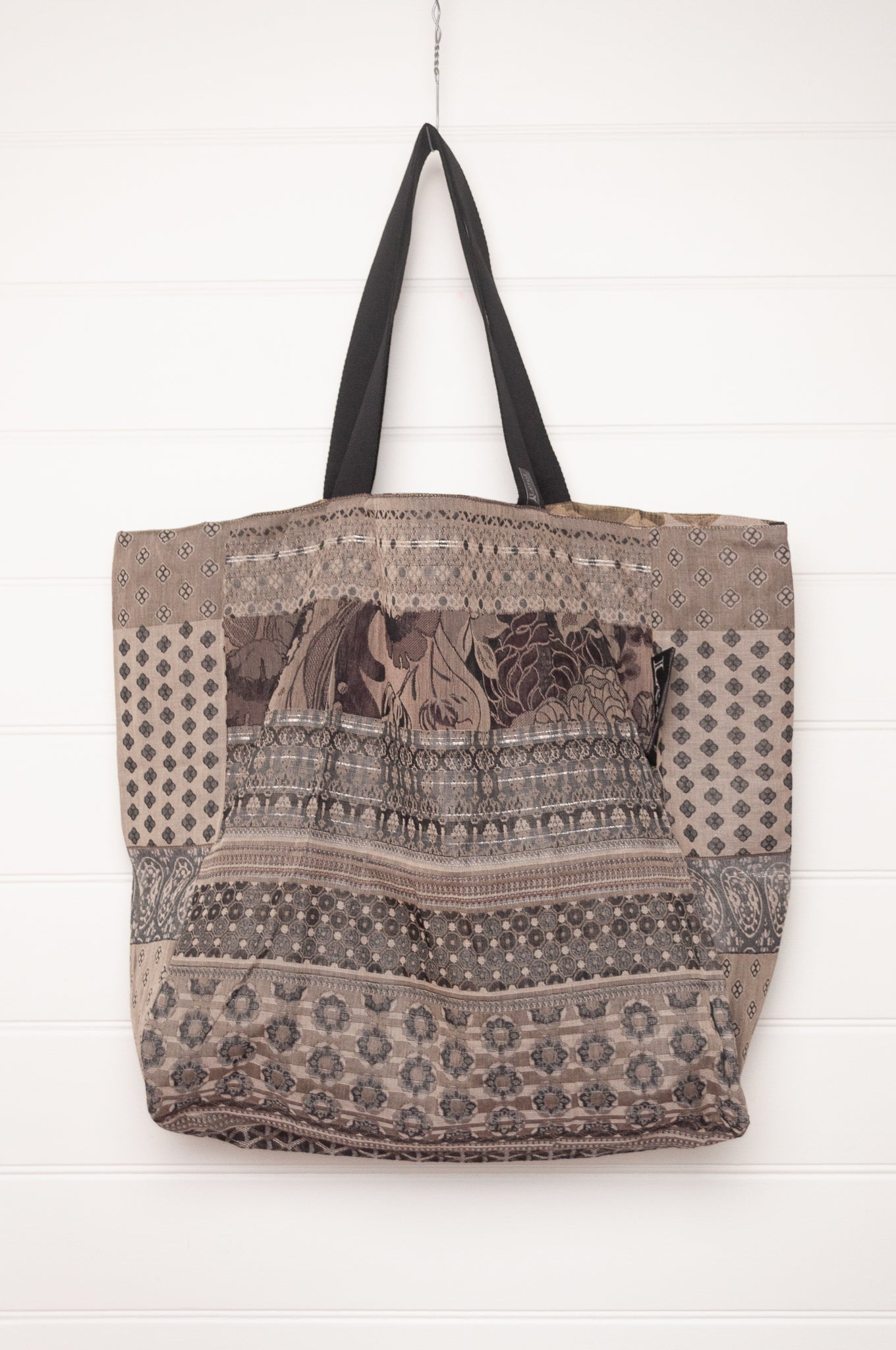 Letol organic cotton jacquard weave large tote bag in flowers and stripes in mustards, taupe and black.