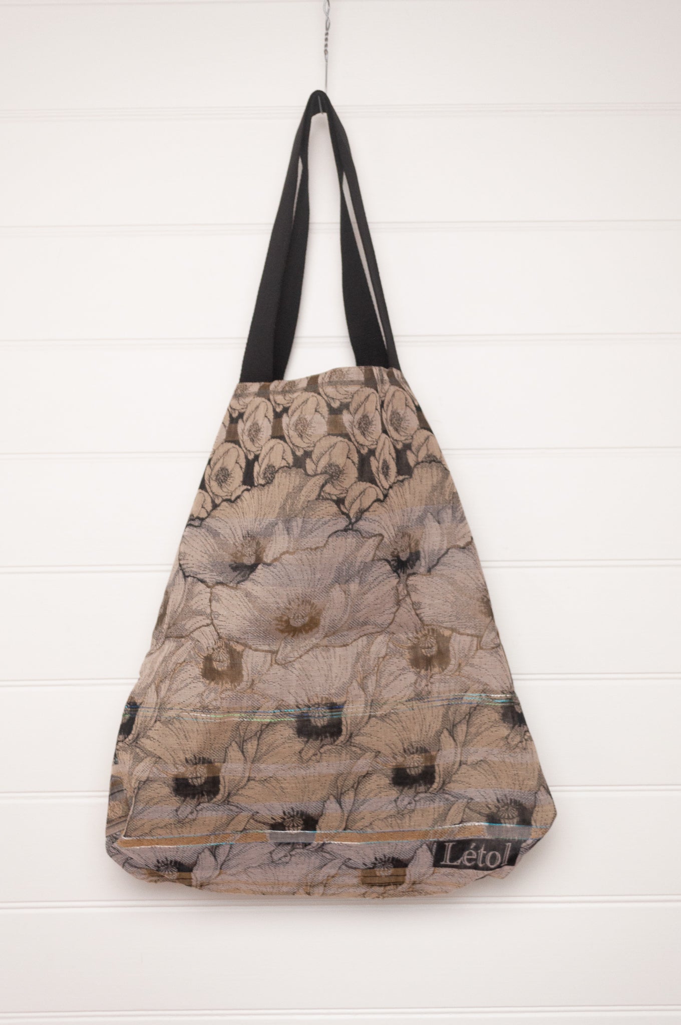 Letol organic cotton jacquard weave large tote bag in flowers and stripes in mustards, taupe and black.