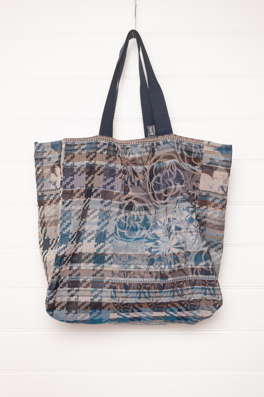 Letol organic cotton jacquard weave large tote bag in tartan flowers and stripes in blues and brown.