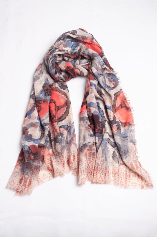 Colorful wool modal scarf with floral pattern on a white background