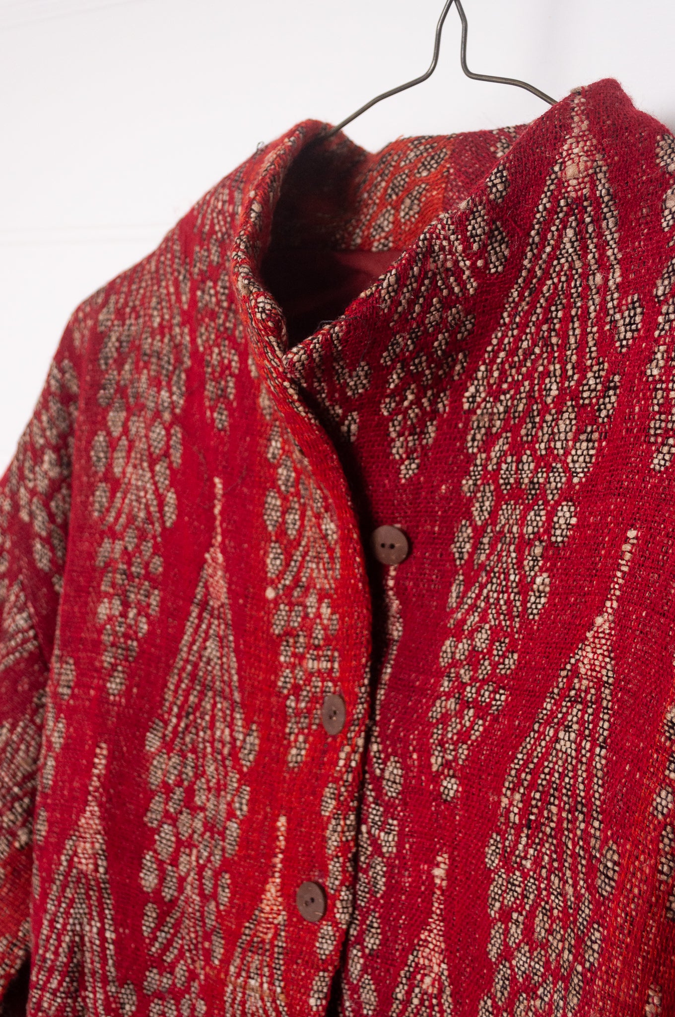 NK handwoven wool silk jacket in red and orange, cotton lined.